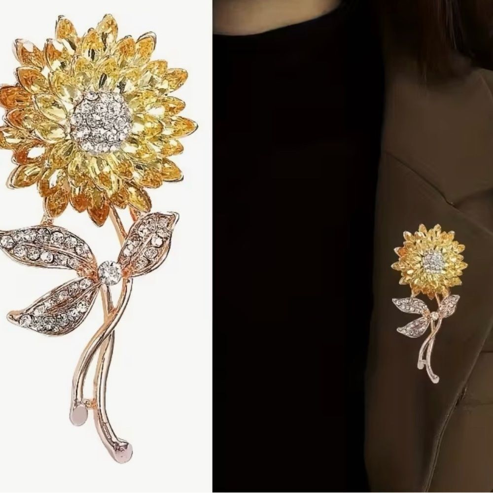 Sunflower Crystal Brooch in Gold and Silver - Picture 4 of 6